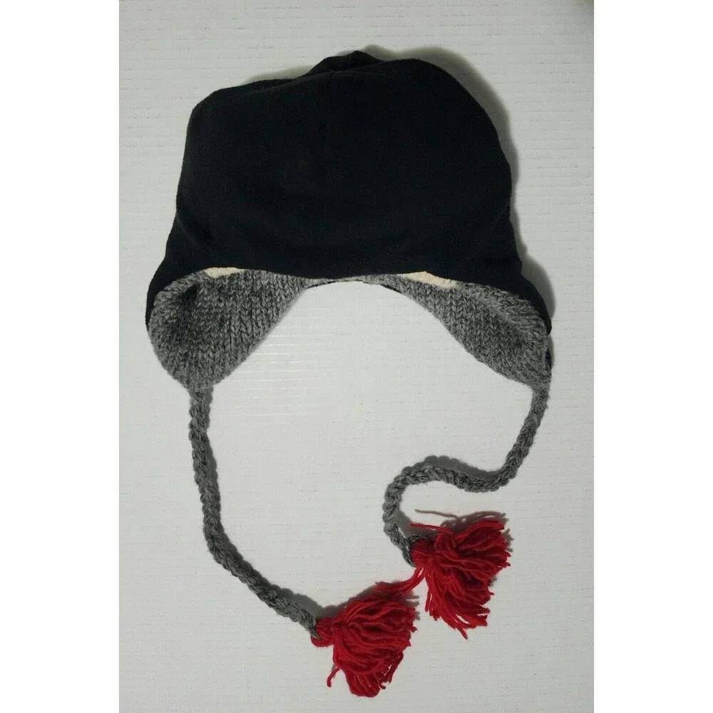 NWT World Market Kids Wool Monkey Hat Gray Red Black White Tassel Lined Earflap